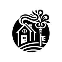 Monochrome Depicting Home Ownership House, Key, Smoke, and Foliage within a Circular . vector