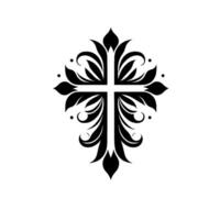 Ornate Black and White Cross A stylized floral emblem with delicate leaves, curls, and shadows, against a clean white backdrop. vector