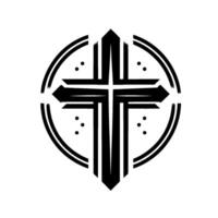 Bold Black Geometric Cross Within a DoubleRing Circle with Dot Accents on White Background, Abstract Religious Symbol. vector