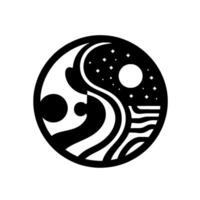Yin Yang Harmony Celestial Nightscape Meets Ocean Waves in a Bold, Monochrome . vector