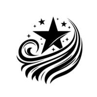 Bold Black Star with Spiraling Swirls, Smaller Stars, and Streaks, A Minimalist and Celestial Composition on White Background. vector