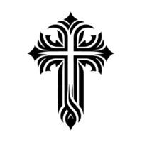 Intricate Black Gothic Cross on White Backdrop with Stylized Floral Elements Ornate Detailing vector