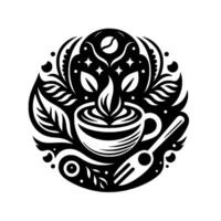 Elegant Black White Coffee Tea Emblem, Circular Composition with Cup, Leaves, Spoon, and Bean Imagery for a Cafe Brand. vector