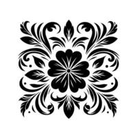 Symmetrical Floral Ornament in Black and White Featuring a Central Flower, Leaves, and Spiraling Vines on a Square Background. vector