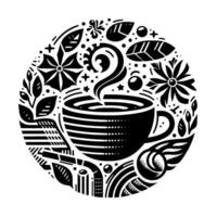 Black and White Circular Illustration Steaming Coffee Cup Surrounded by Floral, Abstract, and Geometric Elements, Modern and Minimalist . vector