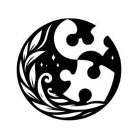 A Yin Yang puzzle encircled by stylized leaves and swirls, black and white contrast with stars. vector