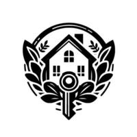 Monochromatic House and Key Emblem Surrounded by Leafy Elements in a Circular Frame . vector
