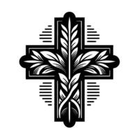 Elegant black and white illustration of a stylized cross with botanical elements, resembling leaves and ornate details. vector