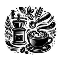 Intricate black and white coffee illustration grinder, espresso maker, steaming cup, beans, and foliage arranged in a circular composition, evoking a cozy, artisan feel. vector