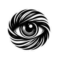 Swirling Black and White Eye A stylized, concentric eye with dynamic lashes, emanating outward against a pristine white backdrop. vector