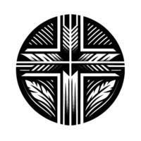 Geometric Black and White Circular Symbol Featuring a Cross with Leafy Embellishments, Evoking Minimalism and Modernity. vector