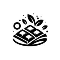 Elegant minimalist black and white foodthemed featuring chocolate, leaves, and abstract dots, on a plain white background. vector
