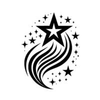 Bold Black and White Starburst with Shooting Star and Varying Star Sizes, Simple on White Background. vector