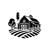 Stylized black and white illustration of a farm scene featuring a barn, wheat, tree, fields, and a fence, on a white background. vector