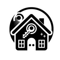 A minimalist black and white house with a keyholeshaped element, windows, and a chimney, enclosed within a circular frame. vector