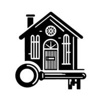 Black and White Illustration of a House Integrated with a Key, Symbolic of Homeownership and Security. vector