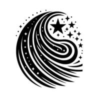 Black and white starburst with swirling lines, and varying sizes of stars and dots, creating a celestial art form on a white background. vector