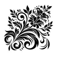 Intricate Black Floral on White A Symmetrical Illustration of Swirls, Leaves, and Dots, Emphasizing Elegance and Simplicity. vector