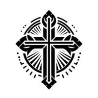 Intricate Black and White Geometric Cross with Radial Rays, Dotted Border, and Ornate Details on Clean White Background. vector