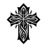 Intricate Black and White Ornamental Cross with Floral and Geometric Patterns on White Background, Artistic Rendering. vector