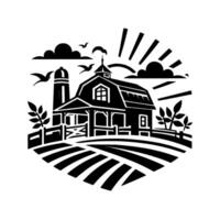 illustration of a black and white farm scene featuring a barn, silo, fields, clouds, birds, fence, trees and a sunburst in a rustic countryside aesthetic. vector