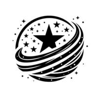 Black and White Starry A large star within a swirling of smaller stars and orbiting bands, set against a minimalist white background. vector