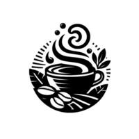 Stylized black and white coffee featuring a steaming cup, beans, and organic elements within a circular frame. vector