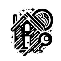 Geometric Black White Illustration of a House, Key, and Celestial with Star Accents, on White Background. vector