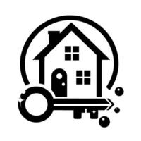 Clean, monochrome real estate featuring a stylized house with a key, enclosed in a circular frame, with abstract accents. vector