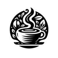 Minimalist black and white illustration of a steaming teacup surrounded by leaves and a stylized steam element, on a saucer, within a circular frame. vector