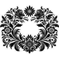 Intricate Black and White Floral Wreath A Symmetrical Arrangement of Flowers, Leaves, and Scrollwork, Offering a Timeless, Decorative Aesthetic. vector
