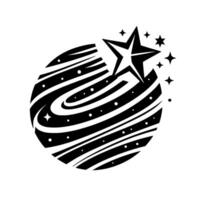 Stellar Burst Black and white illustration of a star bursting from a stylized planet with orbiting lines and scattered stars on white background. vector