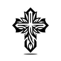 Ornate Black White Cross with Flowing Leaf and Intricate Details on a Clean White Background. vector