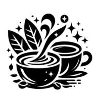 Stylized Black and White Coffee Pouring Illustration with Cups, Leaves, and Stars, on a White Background. vector