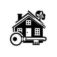 Monochrome house with key, tree, windows, and a door, symbolizing homeownership and real estate. vector