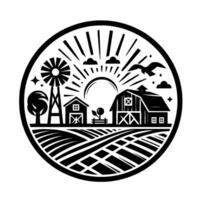 Stylized Black and White Farm Scene in a Circle Frame Featuring a Windmill, Barn, Crops, Sun, and Bird. vector