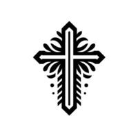 Black ornate cross , symmetrical with stylized floral elements and intricate geometric details, set against a white backdrop. vector