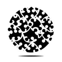 Intricate black and white circular composed of puzzlepiecelike shapes, resting on a subtle shadow against a plain white background. vector