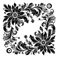 Intricate Black Floral with Symmetry, Decorative Curves, and Leafy Swirls on White, Bordered with Black Circles. vector