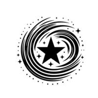 Black and White Starburst A central fivepointed star surrounded by concentric swirling lines and smaller stars, creating a dynamic, celestial pattern. vector
