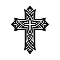 Ornate Black and White Cross with Intricate Floral and Geometric Patterns on White Background. Symbolic of Faith. vector