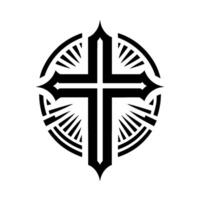 Stylized Black Cross Emblem with Radial Burst , Geometric Lines, Christian Symbol, and Circular Frame on White. vector