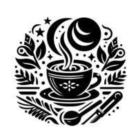 Intricate black and white illustration of a coffee cup emitting steam with celestial and botanical elements in a circular composition. vector