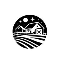 Black and white circular emblem of a farm scene under the night sky with a barn, house, fence, moon, and stars. vector