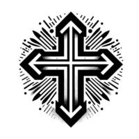 Black and White Cross with Directional Arrows and Radial Burst Pattern on a Plain White Background. vector