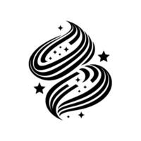 Abstract symmetrical black and white featuring two intertwined, flowing, teardropshaped forms adorned with stars, creating a dynamic, minimalist composition. vector