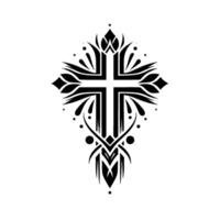 Intricate Black and White Decorative Cross with Floral and Geometric Elements, Isolated on White. vector