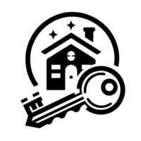 Simple black and white house with key, sparkles in a circle, conveying home ownership or real estate concepts. vector