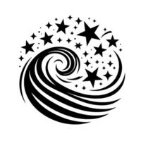Abstract black and white vortex with spiraling lines and a constellation of stars emanating from the center. vector