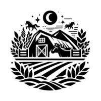 A monochrome night scene depicting a barn, horses, and a crescent moon, surrounded by nature elements within a circular frame. vector